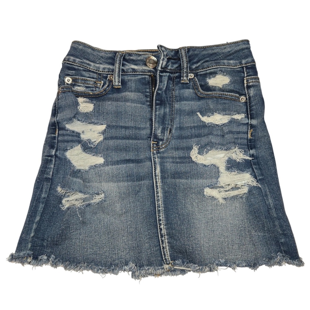 American Eagle Outfitters Denim‎ Mini Skirt Distressed Frayed Hem Stretch SZ 00